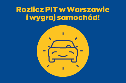 Grafika samochodu widzianego z przodu. Napis, Rozlicz PIT w Warszawie i wygraj samochód