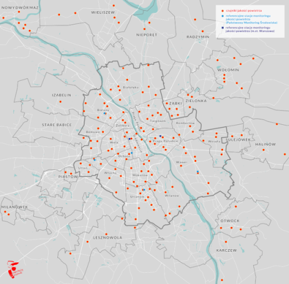 Szara mapa miasta z zaznaczonymi czerwonymi kropkami czujnikamic
