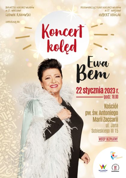 plakat, na jasnym tle znajduje się uśmiechnięta postać piosenkarki Ewy Bem. Informacje zamieszczone na plakacie znajdują się w treści artykułu zamieszczonego na stronie.