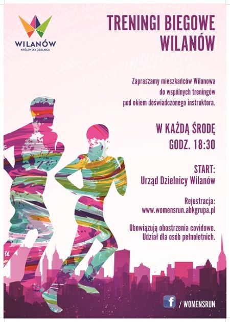 kolorowe postaci biegnących kobiety i mężczyzny, treningi biegowe w Wilanowie, wszystkie informacje w artykule