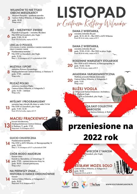Kalendarz imprez organizowanych przez CKW, wydarzenia od 20 listopada przekreślone czerwonym krzyżykiem i napis: przeniesione na 2022 rok.