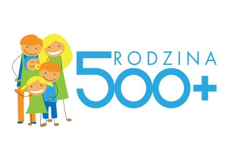 Grafika - uśmiechnięta rodzina, rodzice, troje dzieci - dziewczynka i chłopiec, noworodek ze smoczkiem w ustach, napis Rodzina 500+