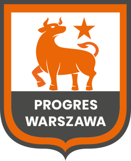 logo klubu, brązowy byk na białym tle, poniżej napis Progres Warszawa 