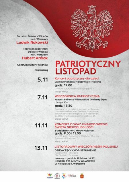 biało-czerwony plakat, w prawym górnym rogu znajduje się orzeł w koronie, plakat zapraszający na obchody Święta Niepodległości, treść znajdująca się na plakacie jest zawarta w tekście aktualności na stronie internetowej