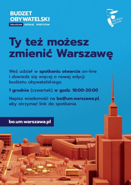 plakat, w tle grafika miasta, budynki, ulice oraz informacja o spotkaniu online dotyczącym 10 edycji budżetu obywatelskiego