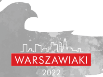 czerwono-biała grafika przedstawiająca zarys panoramy Warszawy z napisem Warszawiaki 2022